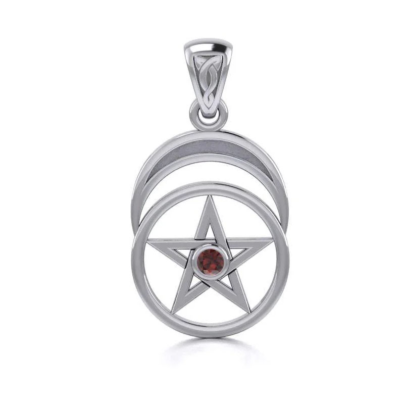 Pentagram Vedhæng med Rød Granat - 26mm - U/kæde
