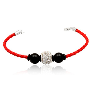 Læderarmbånd med Charm og Sorte Glaskugler - Stilfuldt Design
