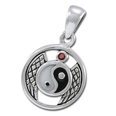 Yin Yang Vedhæng Med Rød Granat - U/kæde