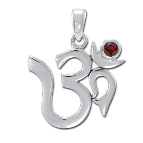 Aum Vedhæng Med Rød Granat - 26mm - U/kæde