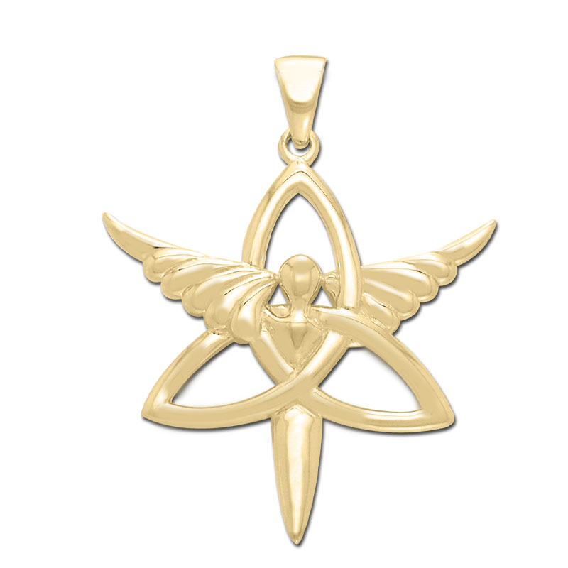 Vedhæng Med Engel Og Triquetra - Treenighedssymbolet - 47mm - U/kæde - Forgyldt - 14 Karat Guld