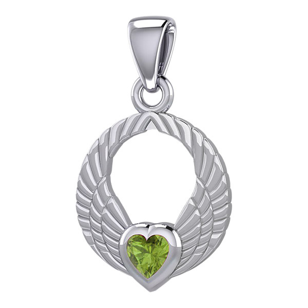 Vedhæng Englevinger - Med Peridot Hjerte - 23mm - U/kæde