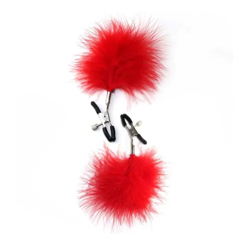 Bound Røde Nipple Clamps Med Fjer