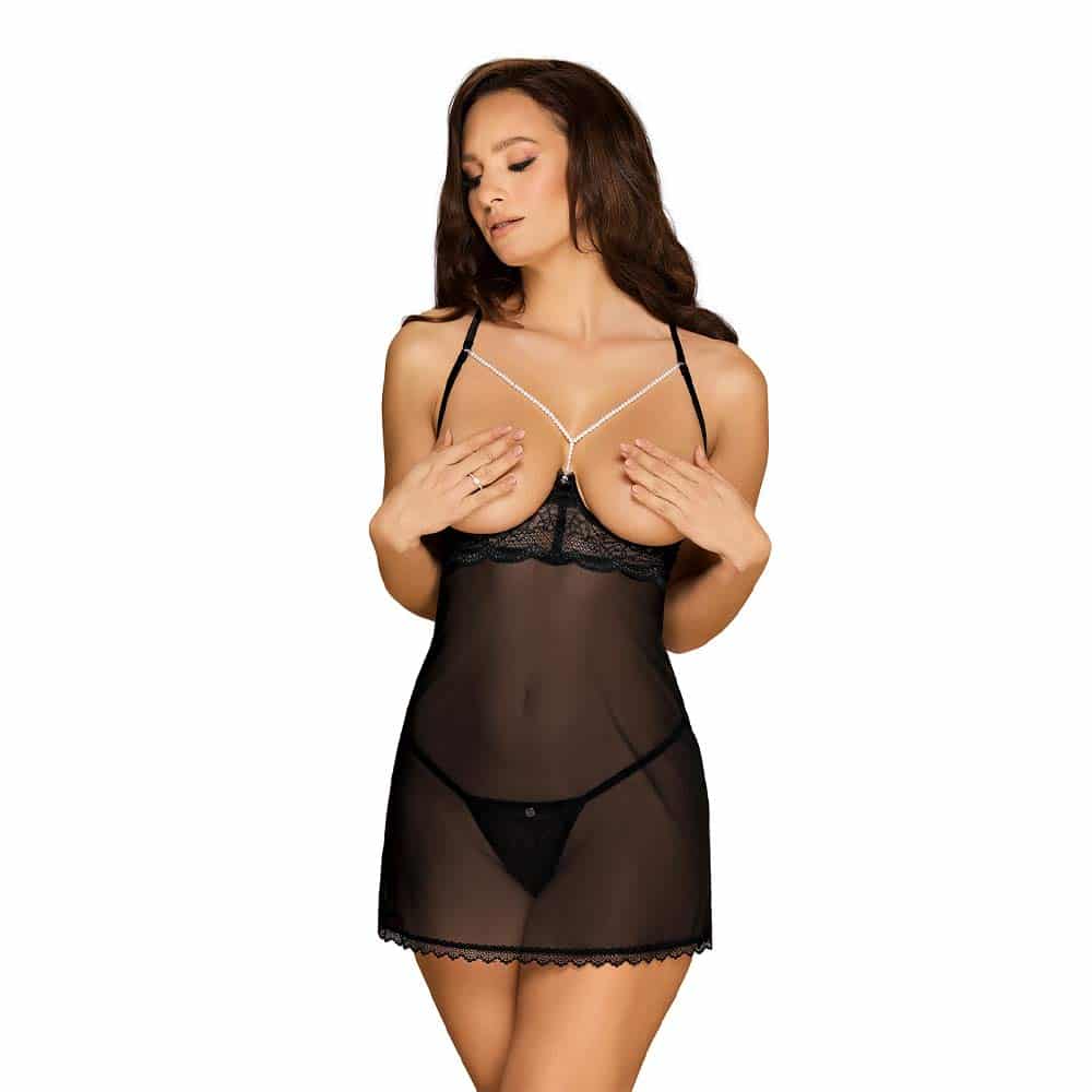 Obsessive Pearlove Chemise Og G-streng Sort - S/m