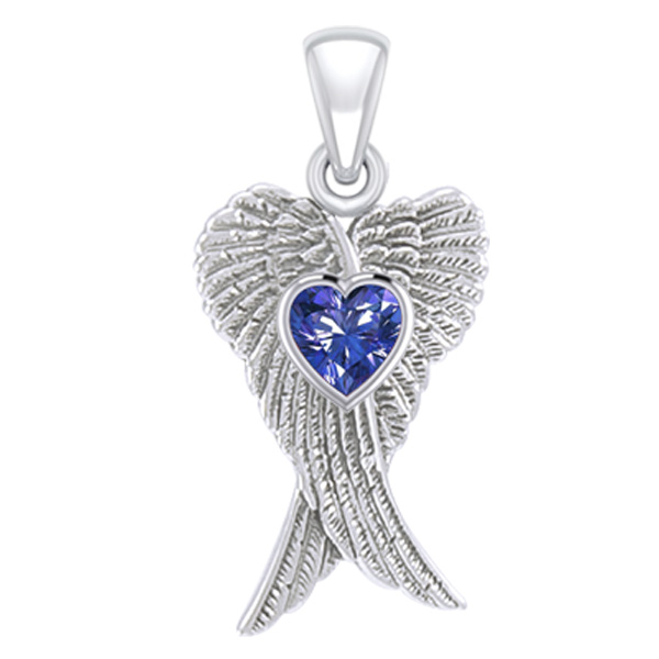 Vedhæng Englevinger - Med Safir Hjerte - 26mm - U/kæde